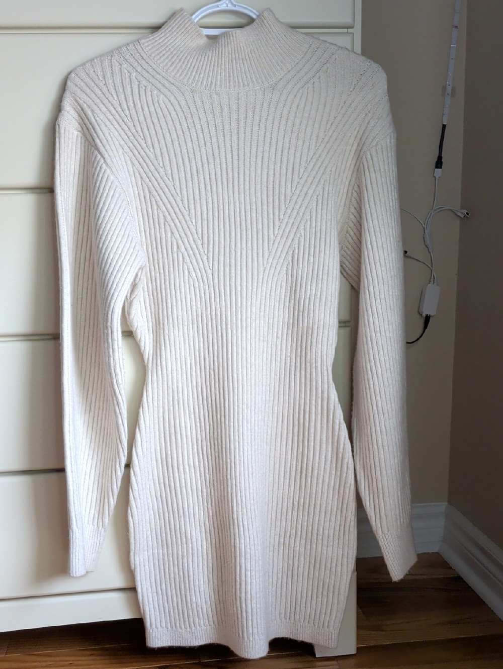 Ribbed Knit Turtleneck Sweater Dress - Cream